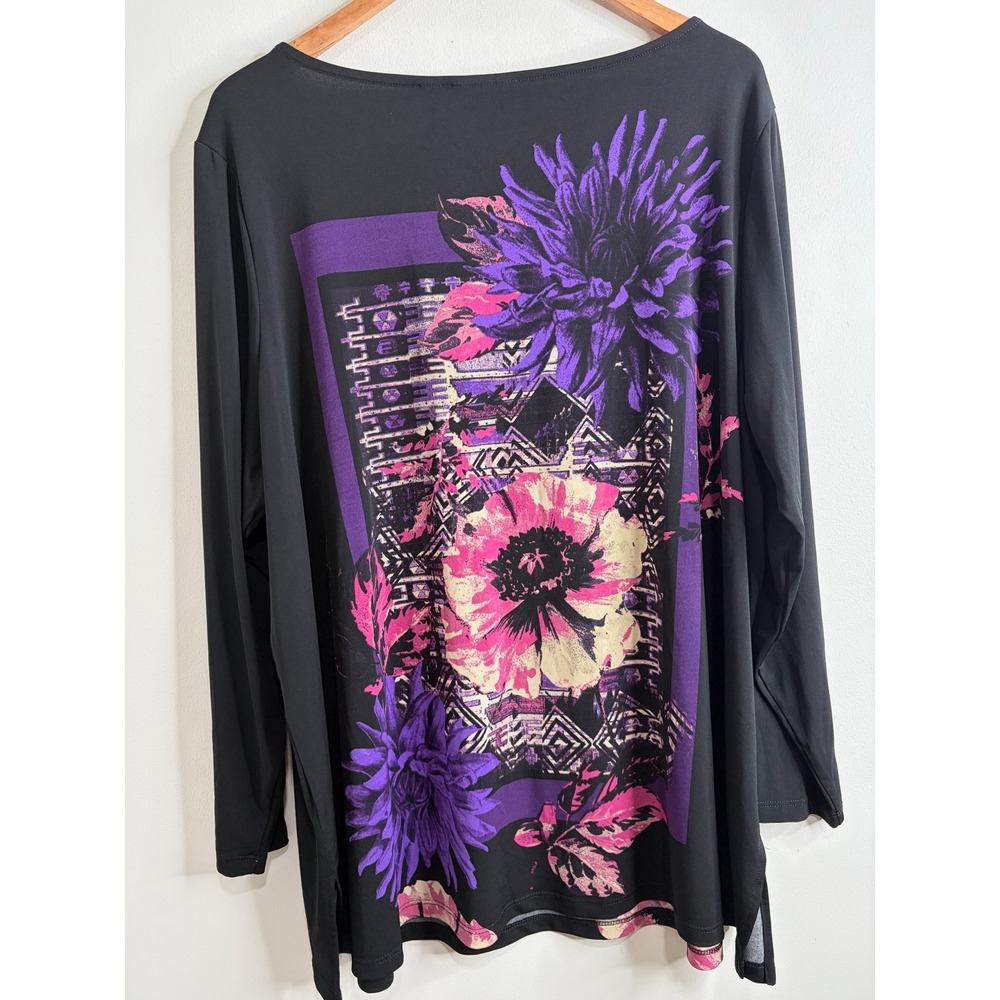 Susan Graver Black Floral Geometric Liquid Knit Tunic Top Size 3X Slinky Stretch - Picture 3 of 7